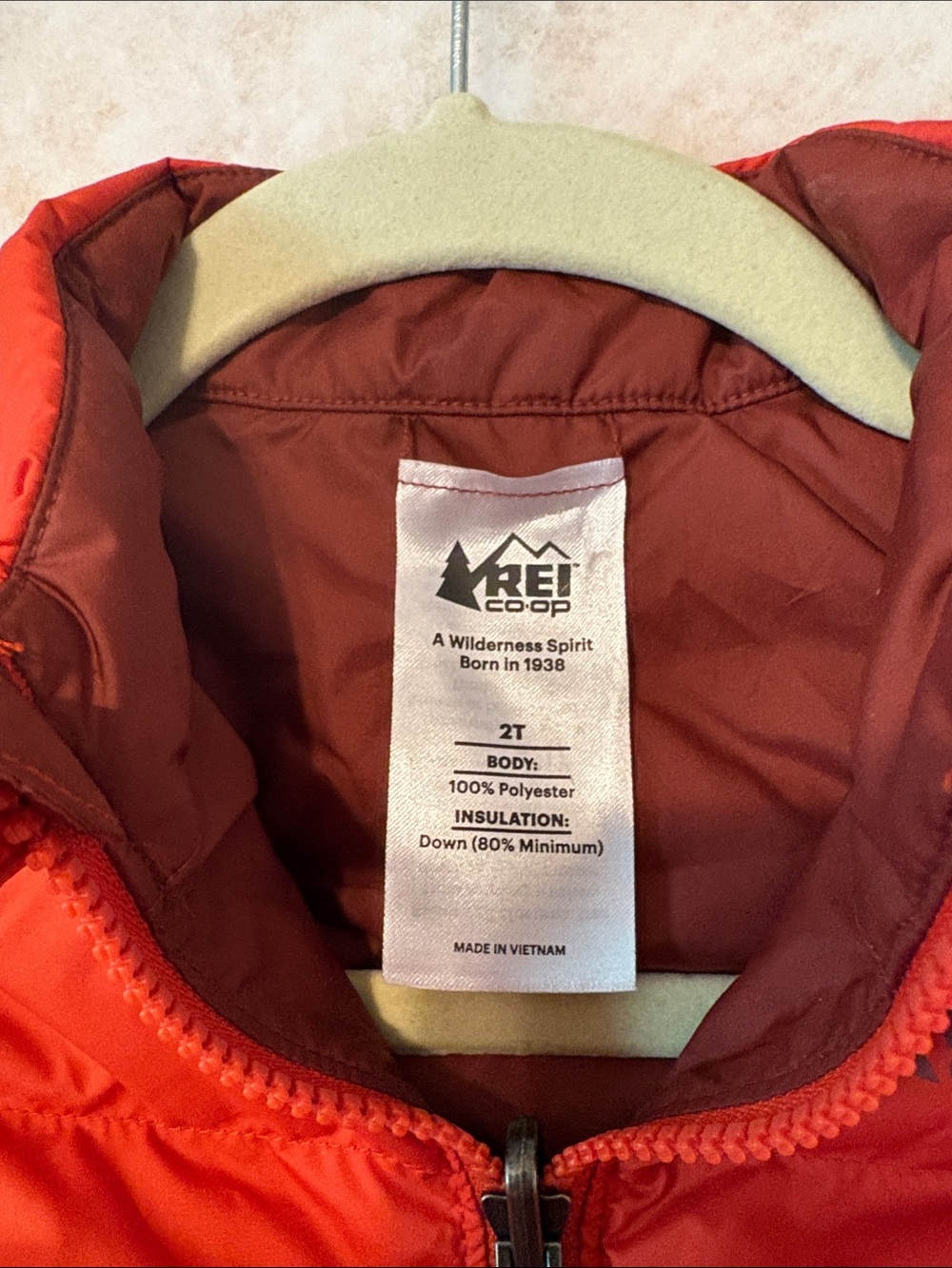 REI Kids Orange-Red Puffer Vest with Front Zip - Picture 2 of 3